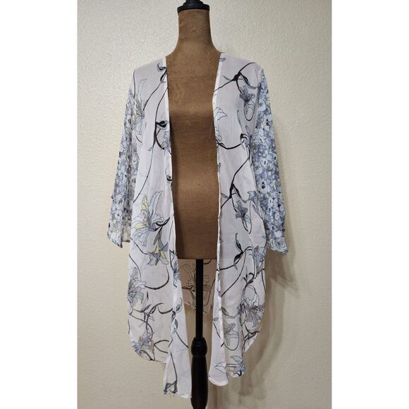 Steve Madden Tops - Steve Madden Women’s Sheer Floral Kimono Cardigan OSFM White Blue Lightweight